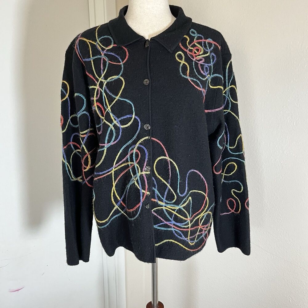 Vtg 90s Chicos Boiled Wool Cardigan Sweater Black Art To Wear String swirl 2 L